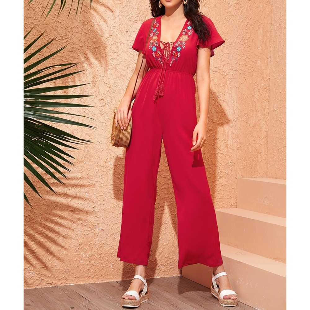 Wide Leg Jumpsuit Red Embroidered Lace Up